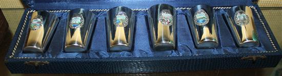Set of six plated souvenir tots with enamel cartouches, Aden (circa late 1940s), cased(-)